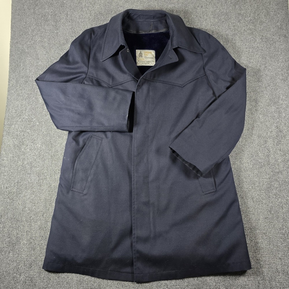 Vintage London Fog Maincoat 42 Long Navy Raincoat Zip Faux Fur Liner USA 80s